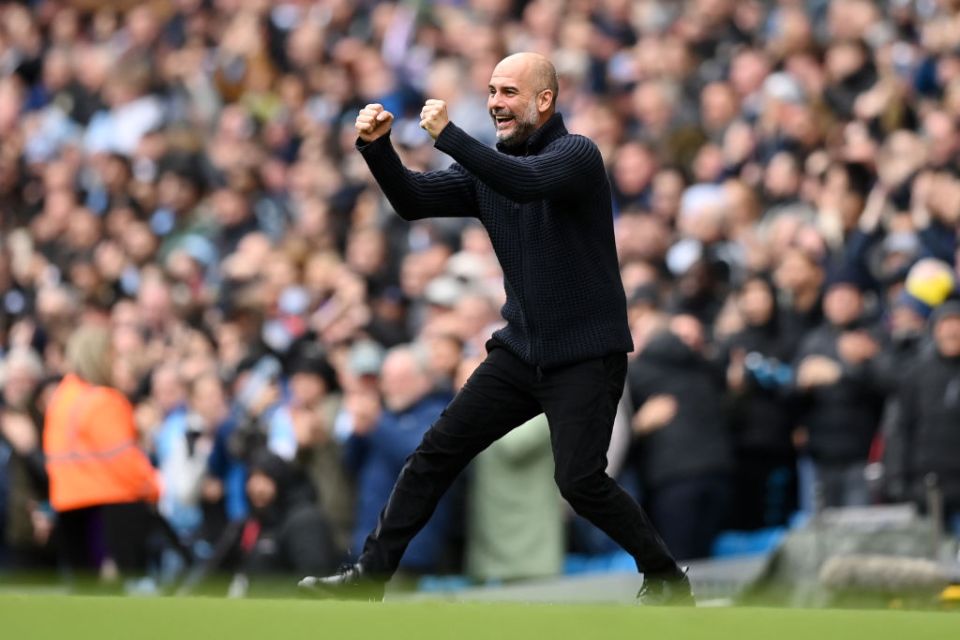 MANCHESTER, ENGLAND - APRIL 01: Pep Guardiola, Manager of Manchester City, celebrates after their sides third goal during the Premier League match between Manchester City and Liverpool FC at Etihad Stadium on April 01, 2023 in Manchester, England. (Photo by Michael Regan/Getty Images)