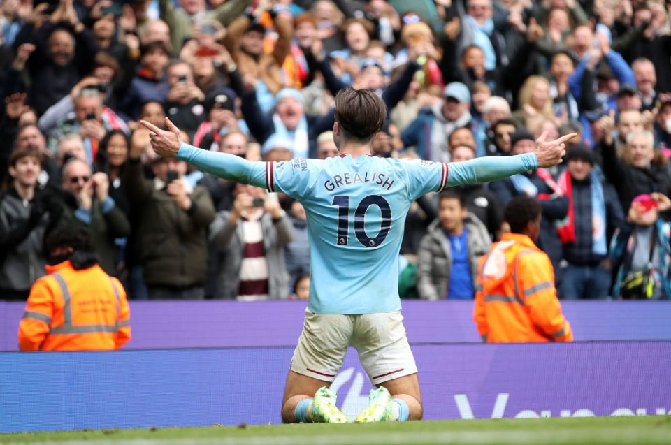 MANCHESTER, ENGLAND - APRIL 01: Jack Grealish of Manchester City celebrates after scoring the team's fourth goal during the Premier League match between Manchester City and Liverpool FC at Etihad Stadium on April 01, 2023 in Manchester, England. (Photo by Manchester City FC/Manchester City FC via Getty Images)