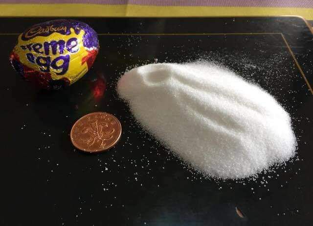 a cadbury creme egg next to a pile of sugar and a penny .