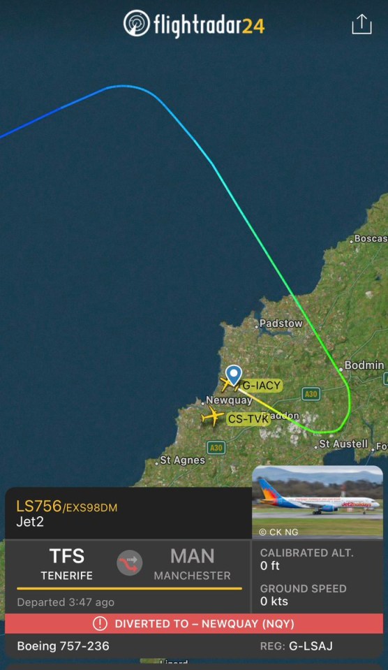 The route the flight took after having to emergency land at Newquay following the passenger’s deteriorating health