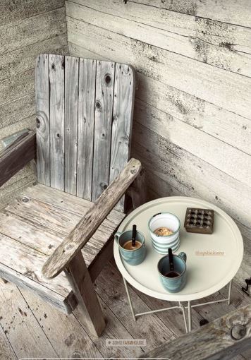 She enjoyed coffee on the porch of her 'Piglet' hut at Soho Farmhouse