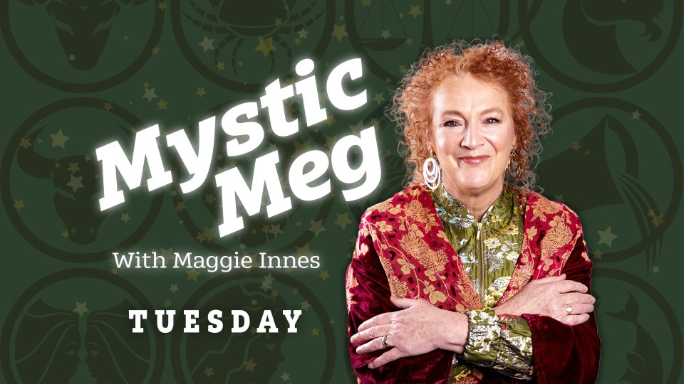 an advertisement for mystic meg with maggie innes