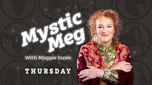 an advertisement for mystic meg with maggie innes on thursday