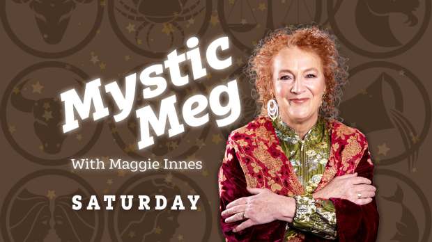 a poster for mystic meg with maggie innes saturday