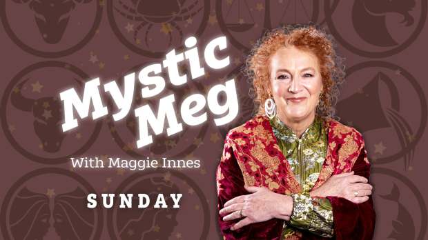 an advertisement for mystic meg with maggie innes sunday