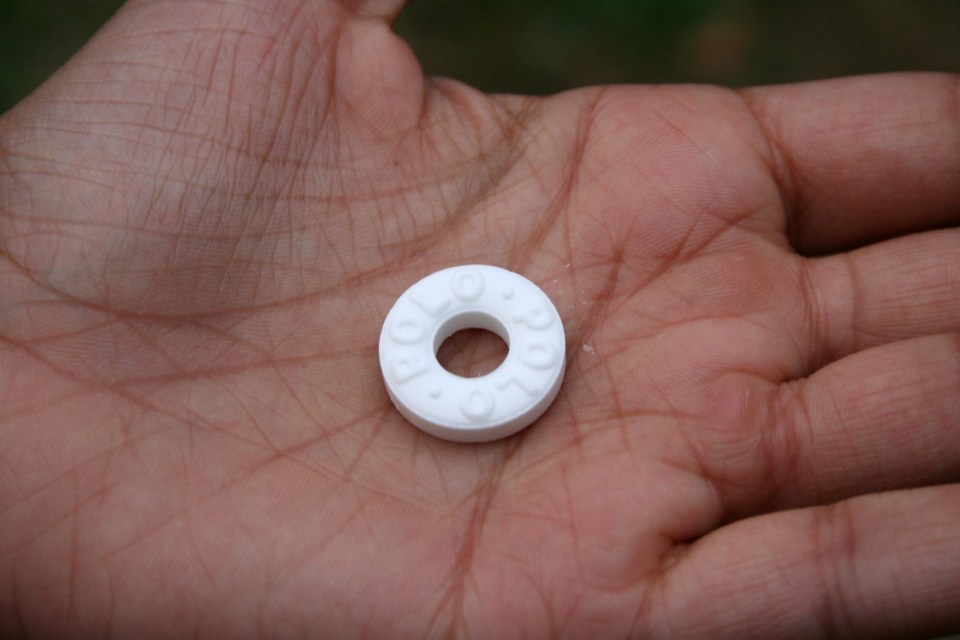 a person is holding a white circle with a hole in the middle