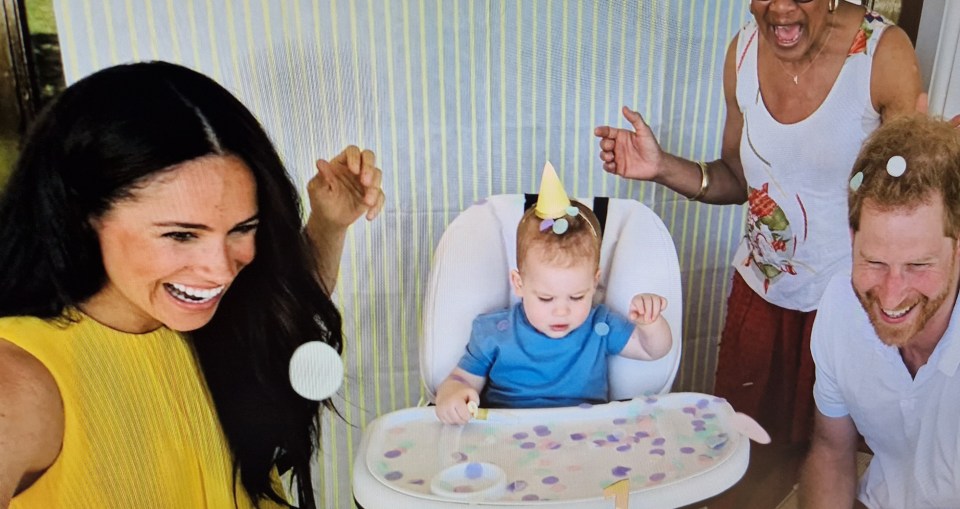 Harry, Meghan, her mum Doria and little Archie celebrating a previous birthday