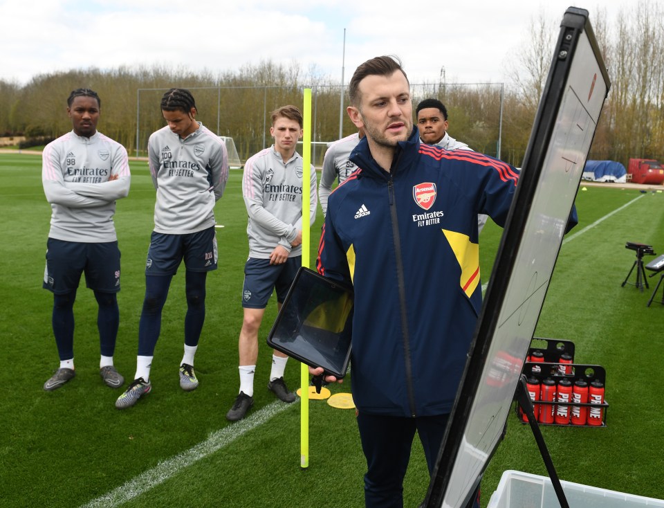 Jack Wilshere taking a training session at Arsenal’s training ground with the under 18s