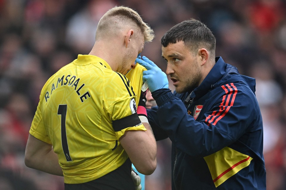 Aaron Ramsdale received medical attention just before the midway point of the first-half