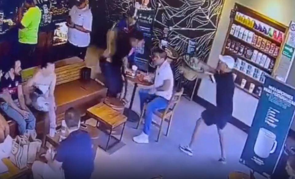 Footage shows the men pull guns out in a botched robbery