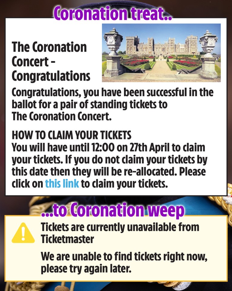 Fans were devastated after being told they had won golden tickets to the Coronation Concert — only to find them all sold out