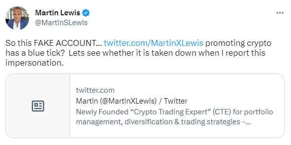 Furious Martin Lewis hits out over verified fake Twitter account pretending to be him promoting dodgy investments