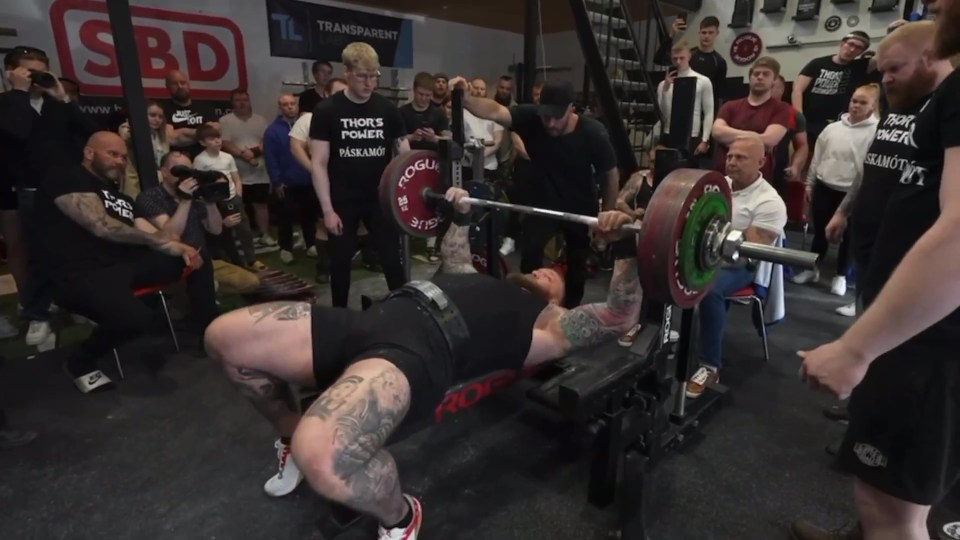 Hafthor Bjornsson attempted a personal best 556lb bench press during a competition at his gym