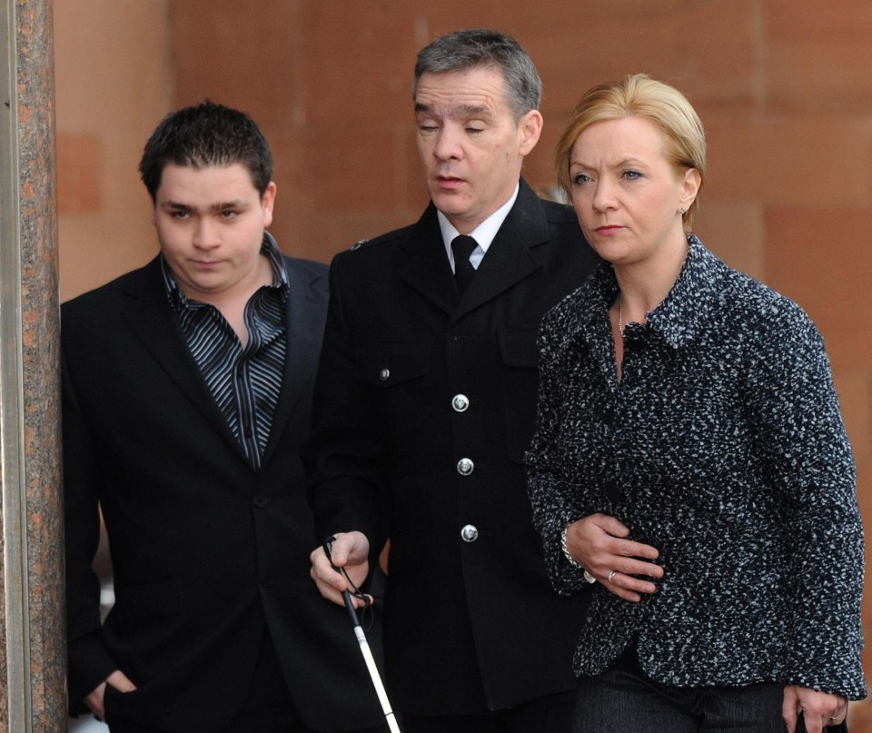 PC Rathband arriving in court with wife Katherine and son Ash to give evidence against Moat