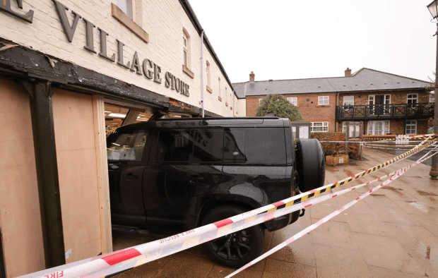 Danny Graham's Land Rover can be seen wedged in the Co-op