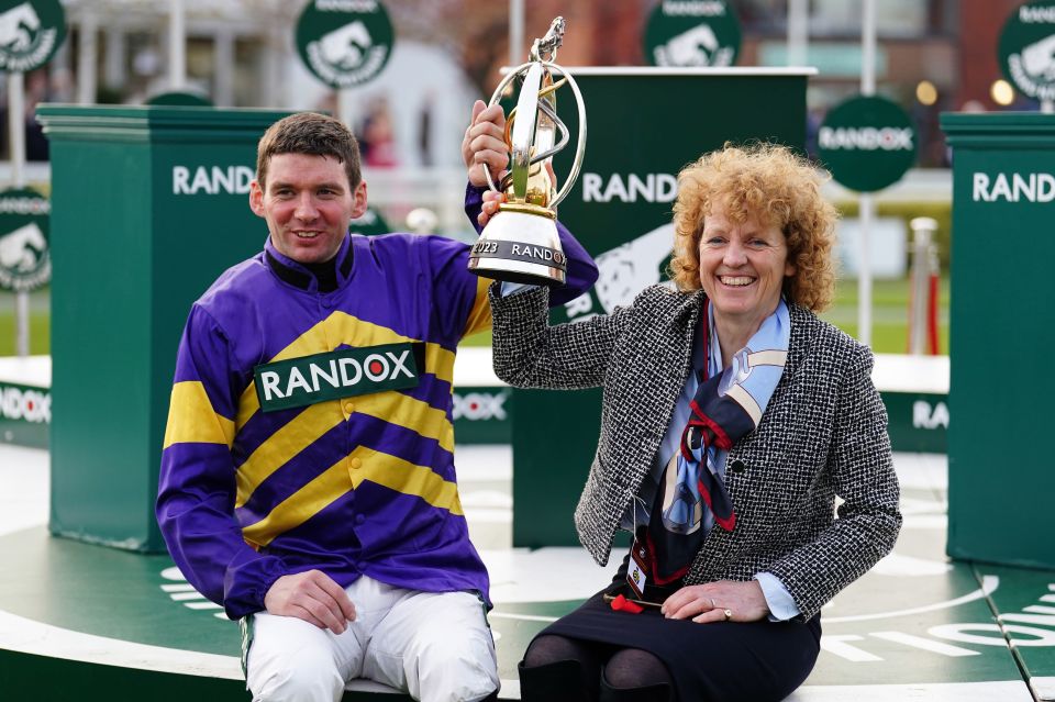 Jockey Derek Fox and trainer Lucinda Russell after winning the Randox Grand National