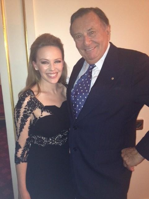 Barry pictured with fellow Australian Kylie Minogue who Dame Edna claimed she breastfed as a baby