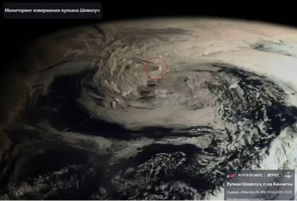 The eruption was also caught from satellites even further away - a marked disruption on the otherwise relatively smooth cloud surface