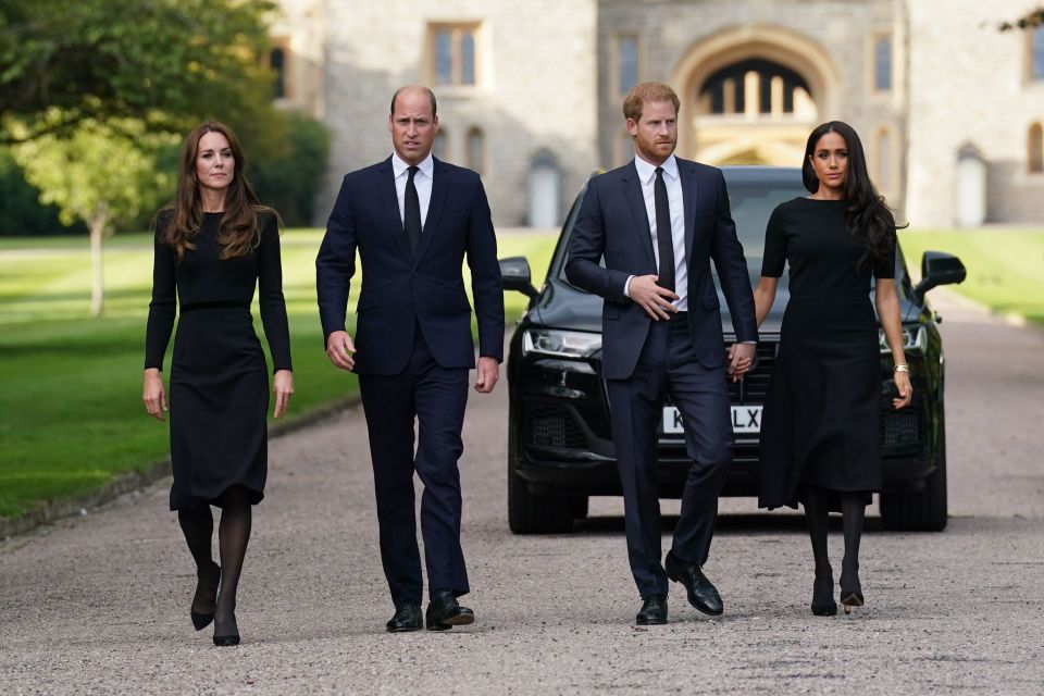 The Princess of Wales, the Prince of Wales and the Duke and Duchess of Sussex walking to meet members of the public at Windsor Castle