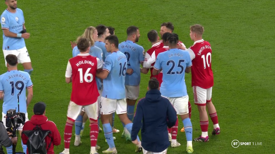 Man City and Arsenal players aggressively squared up to one another