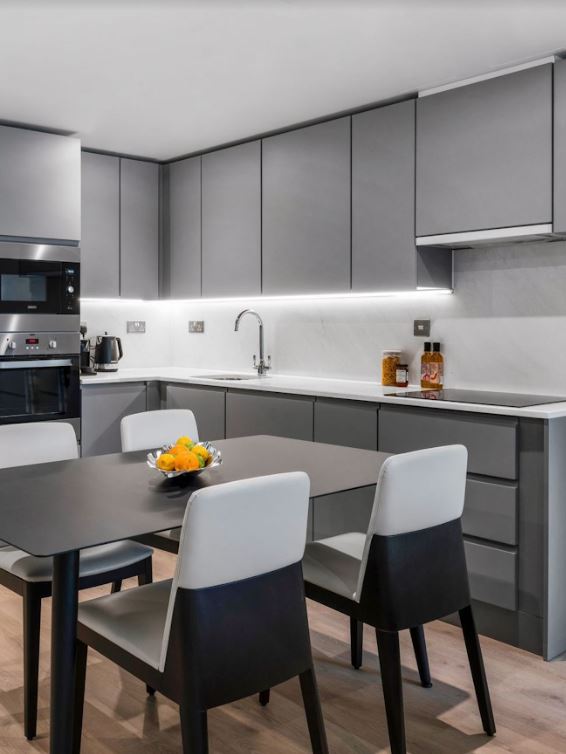 The kitchen was elegantly furnished with a grey decor