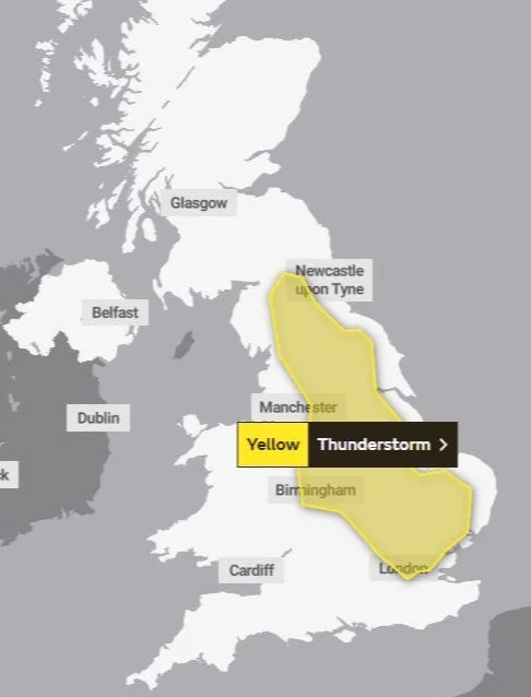 Yellow warnings stretch from London up to to Carlisle, Cumbria and into Scotland