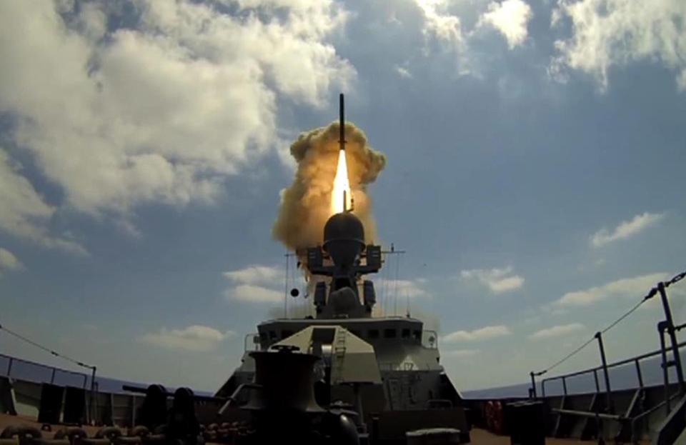 A Kalibr missile being fired from a Russian warship