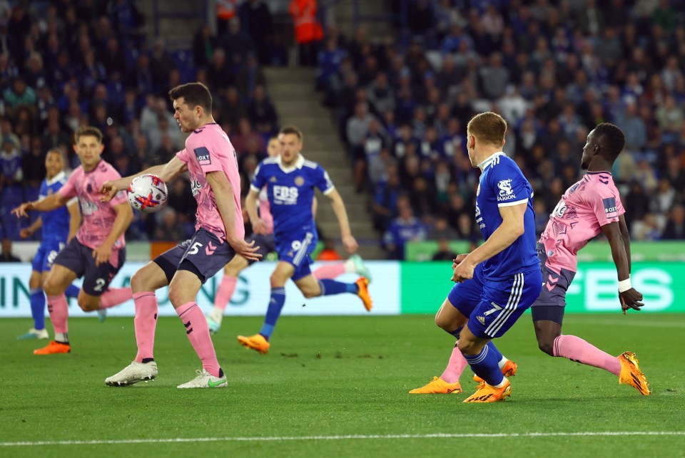 Michael Keane was penalised for stopping Harvey Barnes' cross with his arm