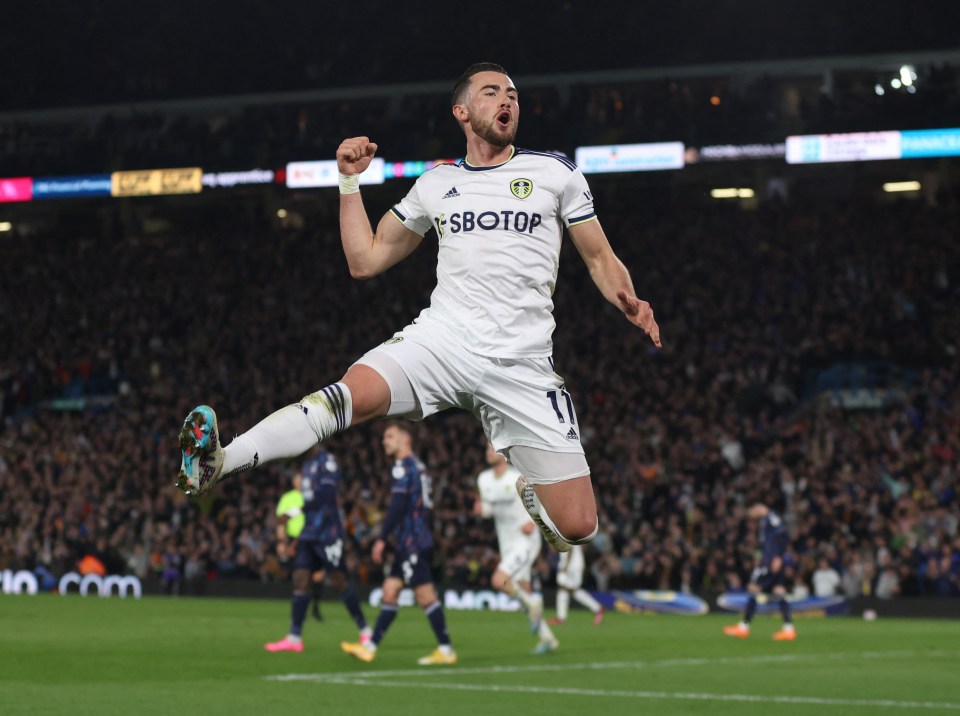 Jack Harrison celebrates a goal against Nottingham Forest.