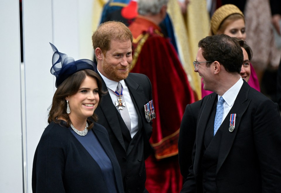 Eugenie and her husband Jack Brooksbank were spotted with Prince Harry as they left Westminster Abbey after the coronation