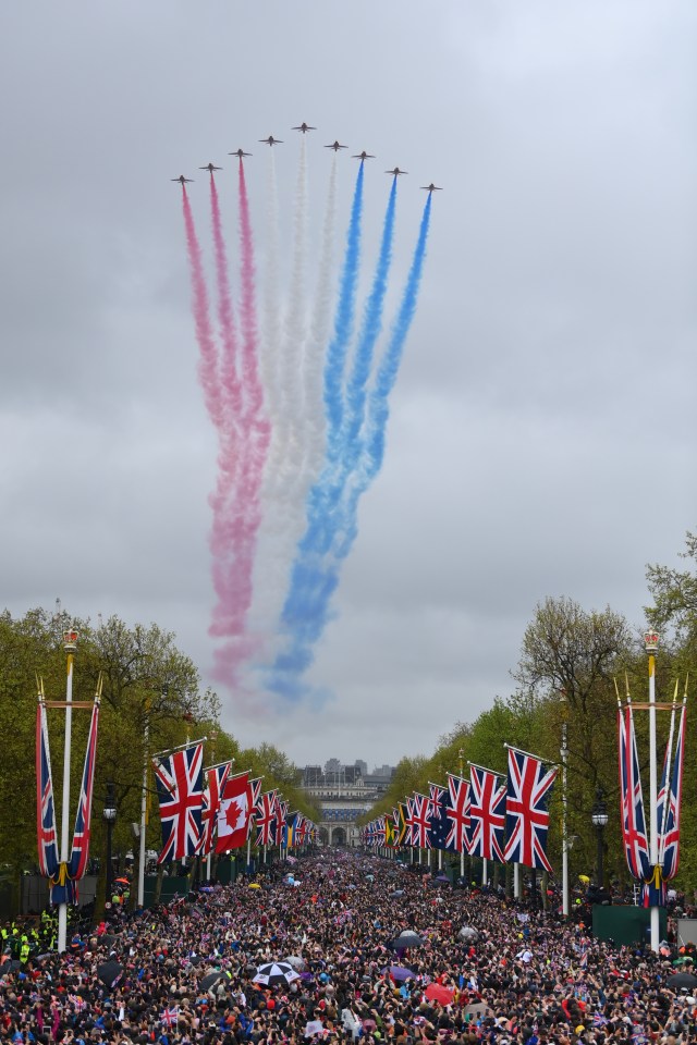 The Red Arrows lit up the grey skies above the Palace