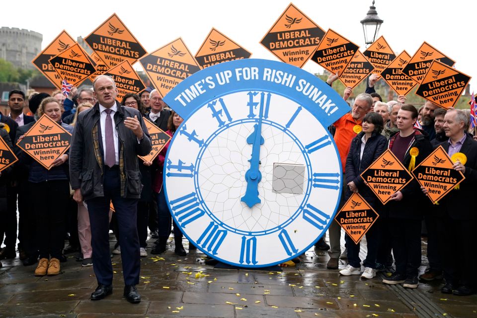 Lib Dem Leader Sir Ed Davey celebrates gains in Windsor, Berkshire