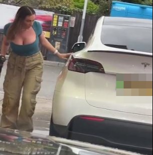 She was filmed trying to fill up her electric Tesla with petrol