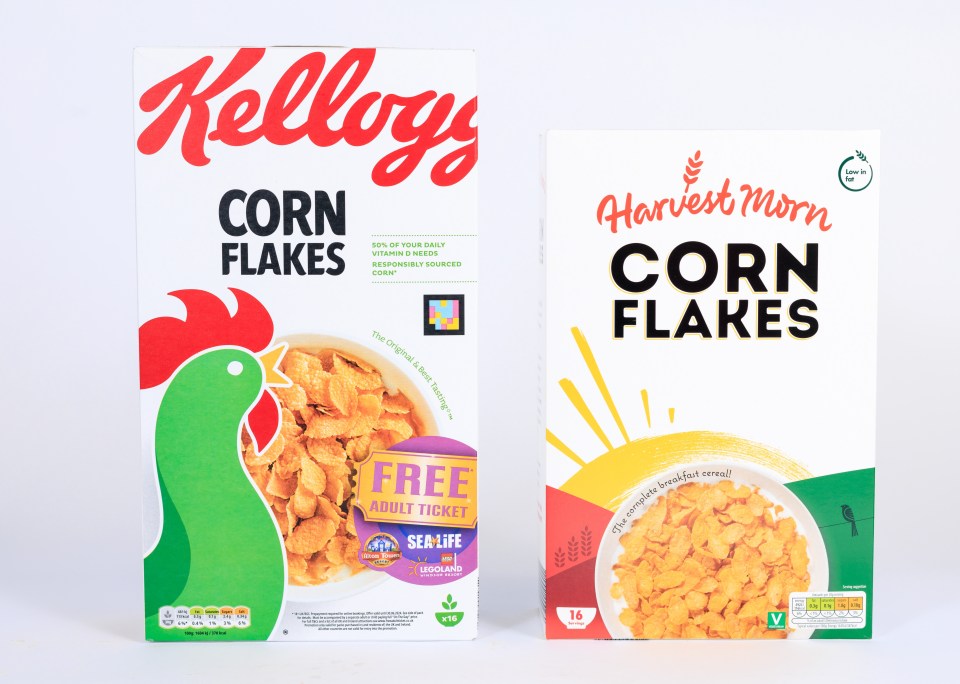 Kellogg’s corn flakes 720g, £3 vs Harvest Morn corn flakes 500g, 69p