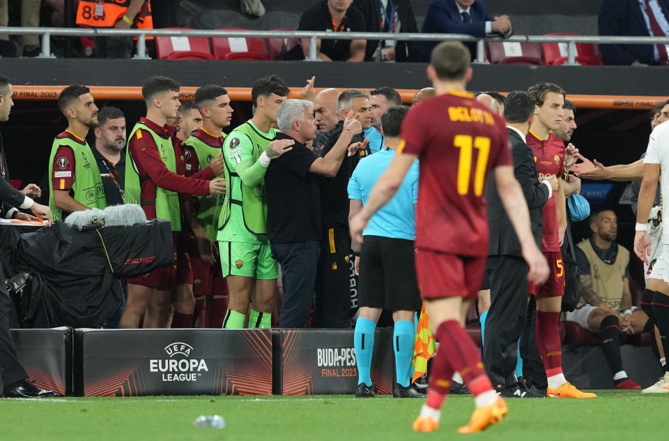 Jose Mourinho had to be held back by his own sub after clashing with Sevilla