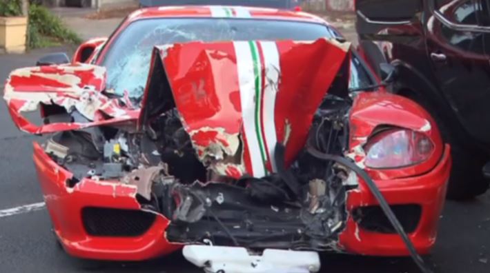 The mangled wreckage of the Ferrari