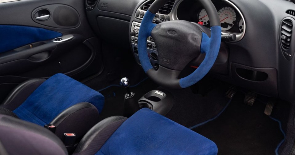 The Puma is finished in Ford Racing Blue, with a blue Alcantara and black leather finish on the Sparco seats and 17-inch multi-spoke Speedline alloy wheels