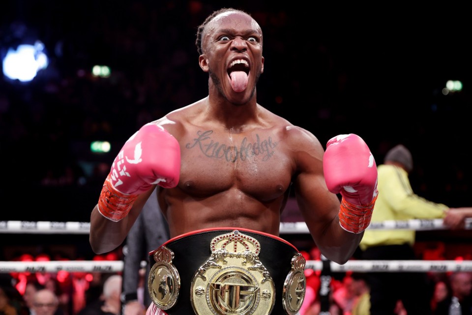 LONDON, ENGLAND - JANUARY 14: KSI celebrates after defeating FaZe Temper during the MF Cruiserweight Title fight between KSI and FaZe Temper at OVO Arena Wembley on January 14, 2023 in London, England. (Photo by Julian Finney/Getty Images)