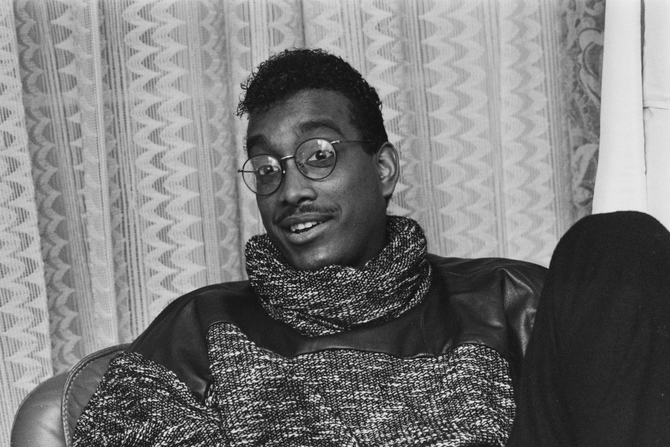 American drummer Tony Thompson (1954-2003) of Anglo-American rock supergroup The Power Station, wearing a knitted turtle neck sweater, 3rd April 1985. Thompson is also in the band Chic. (Photo by K. Butler/Daily Express/Hulton Archive/Getty Images)