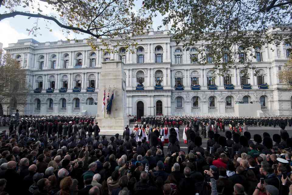 A general view of the Remembrance Sunday ceremony at the Cenotaph on Whitehall, London, on November 13, 2016. Services are held annually across Commonwealth countries during Remembrance Day to commemorate servicemen and women who have fallen in the line of duty since World War I. / AFP PHOTO / JUSTIN TALLISJUSTIN TALLIS/AFP/Getty Images