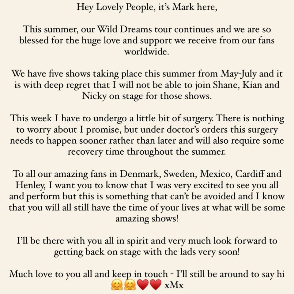 Mark shared a heartfelt statement with fans