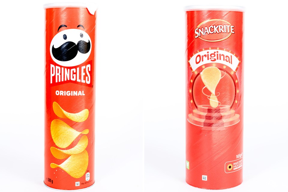 Pringles original 200g, £2 vs Snackrite stackers 165g, £1.49