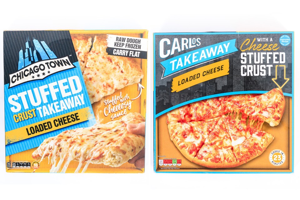 Chicago Town stuffed crust 630g, £4.50 vs Carlos Takeaway 490g, £2.29