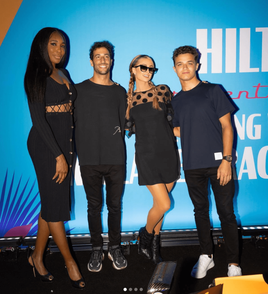 Hilton met up with Lando Norris, Daniel Ricciardo and Serena Williams