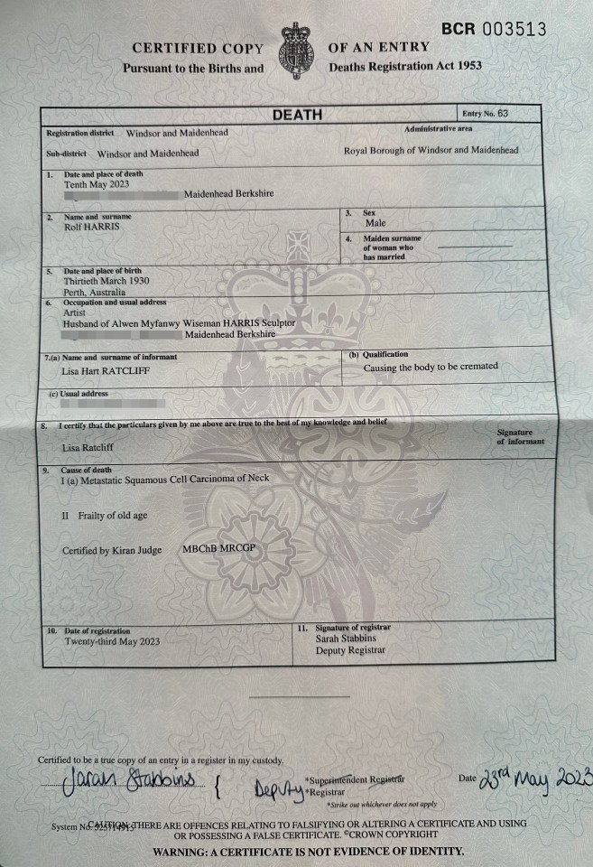 Harris' death certificate shows he died on March 10