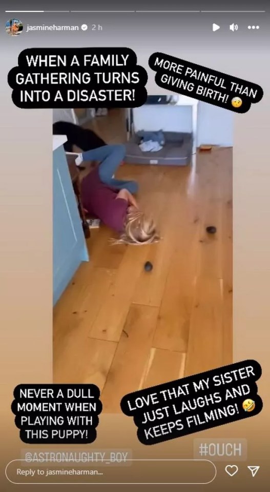 She then slipped and fell over and her family can be heard in the background laughing