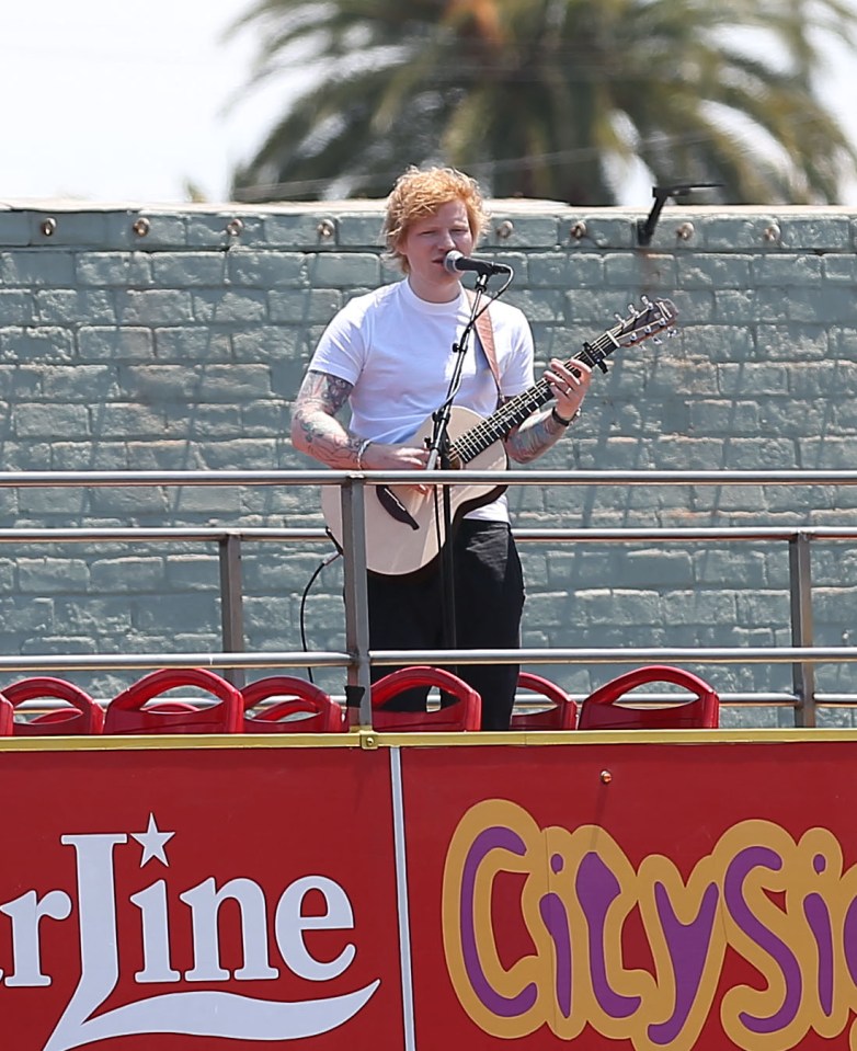 Ed Sheeran jumped aboard a double decker bus with his guitar for an impromptu gig in Los Angeles