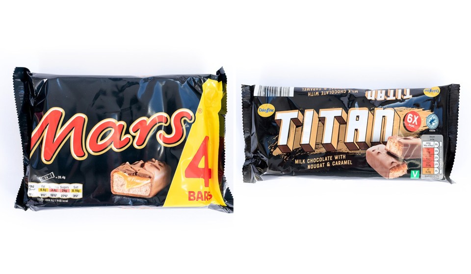 Mars bars, £1.64 for 4 vs Titan bars, £99p for 6