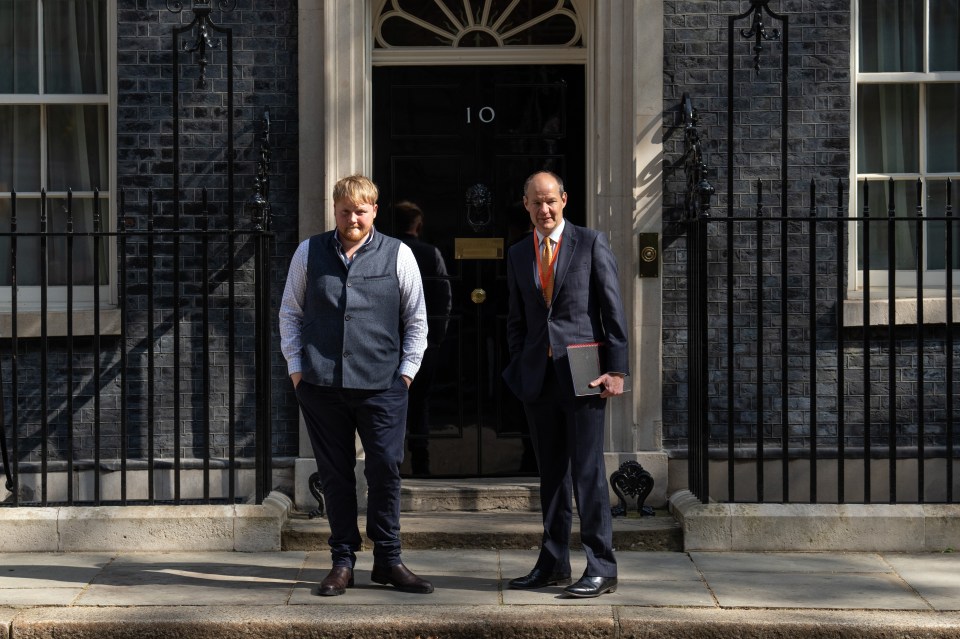 Cooper outside Downing Street for the Farm to Fork summit - pictured with Clarkson's Farm co-star Charlie Ireland