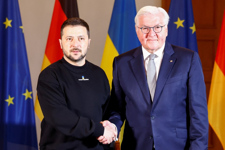 Ukraine leader Volodymyr Zelensky, left, meets with German President Frank-Walter Steinmeier